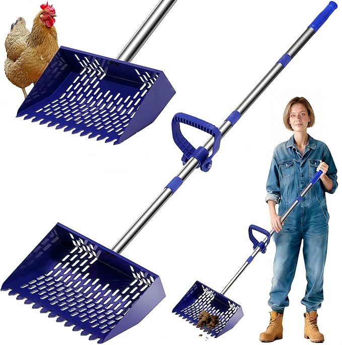 3-in-1 Chicken Poop Scooper & Sifting Shovel, 304 Stainless Steel Handle & Rake, Suitable for Sand, Chicken Coop & Livestock Farm Feces Cleaning, Litter Sifting Shovel Feces Sifter, Adjustable (35-62)