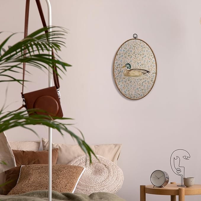 Yorhifa Boho Mallard Duck Nursery Framed Wall Art, Cottagecore Botanical Floral Duck Oval Wall Art, Country Wildlife Waterfowl Oval Walls Decor, Rustic Canvas Artwork Hanging Decor, 8.5x11.5in