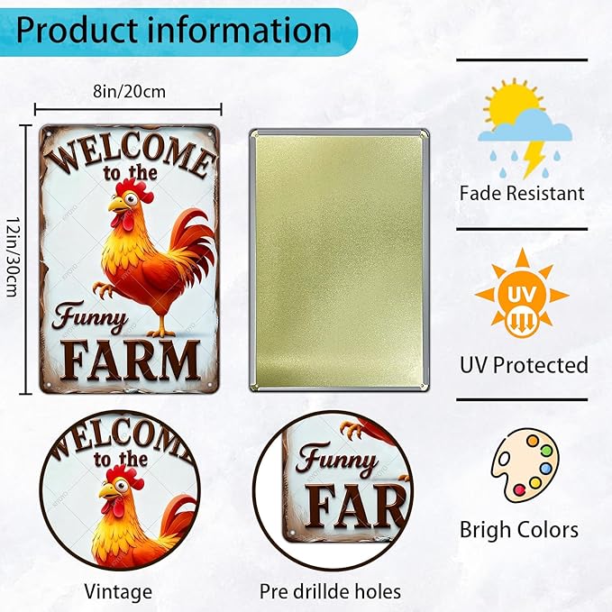 Funny Rooster Decor Sign Welcome To The Funny Farm Rustic Tin Sign for Home Farm Chicken Coop Decor 12x8 Inch