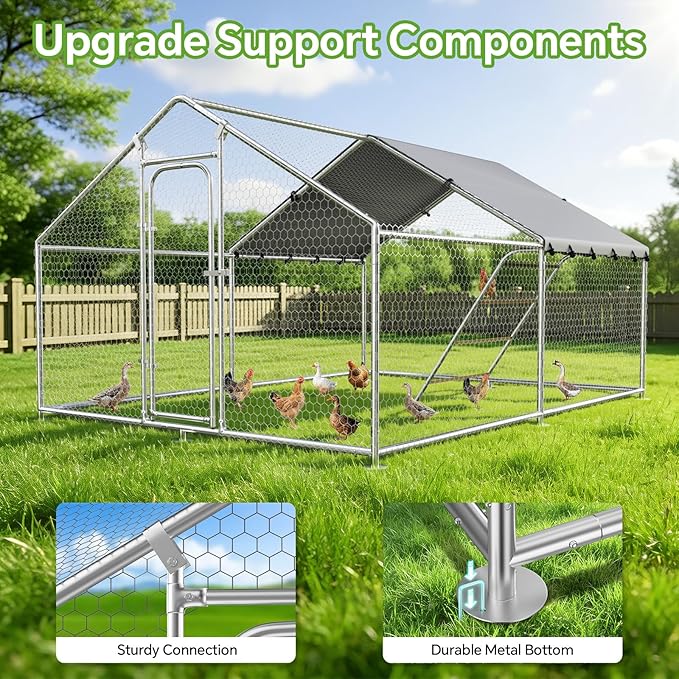 Large Metal Chicken Coop with Waterproof and UV-Resistant Cover,Chicken Run Outdoor Walk-in Cage Rabbit Duck Hen House for Yard Farm Use Spire Roof (10’ W x 9.9’ L x 6.4’ H)