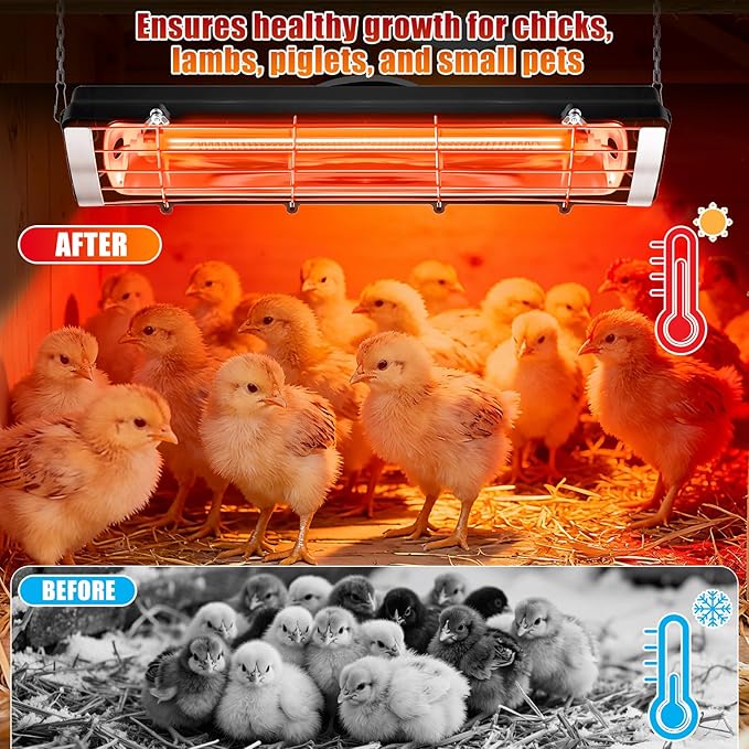 17.5 Inch Extra Long Heat Lamp for Chickens, 300W Carbon Fiber Chicken Coop Heater for Winter, Adjustable Temp & Height Chicken Heat Lamp for Poultry Dog Cat, No Installation & Long-Lasting 10000H