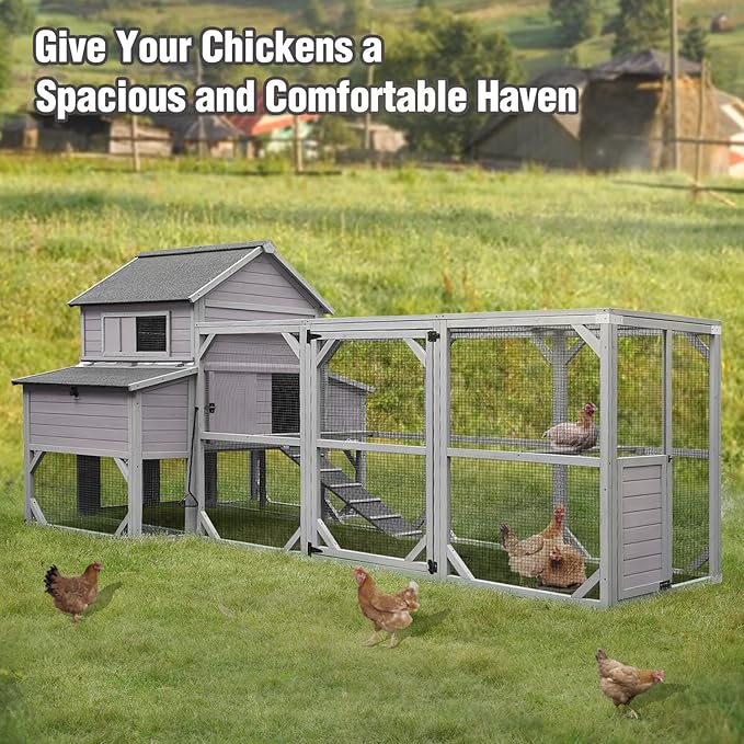 Large Chicken Coop with Run - Wooden Hen House with 6 Nesting Boxes and Removable Tray, 41.3ft² Poultry Pet Hutch Run Cage with Waterproof Asphalt Roof, fold Out House for 4-6 Chickens