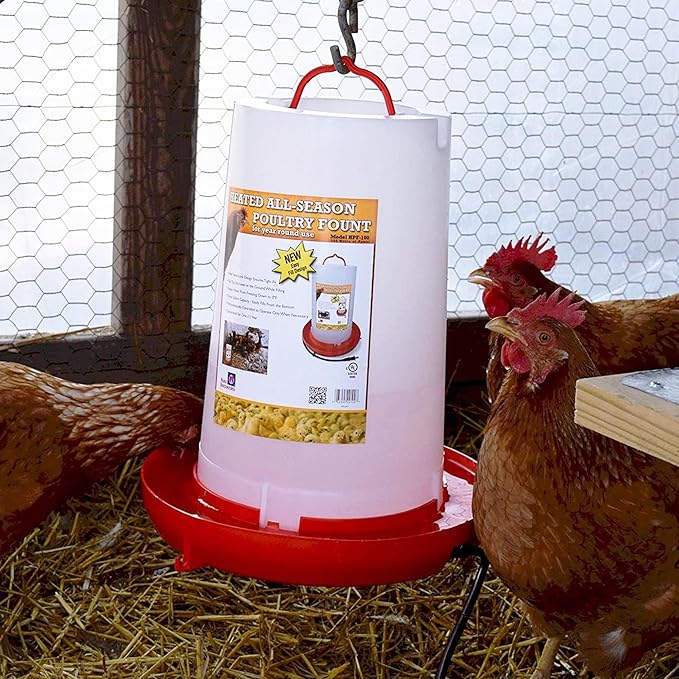 Farm Innovators Heated Chicken Waterer, Hanging Poultry Water Fountain, 3 Gallon, Red - Plastic Water Dispenser with Heater for Chicks, Chickens, and Livestock
