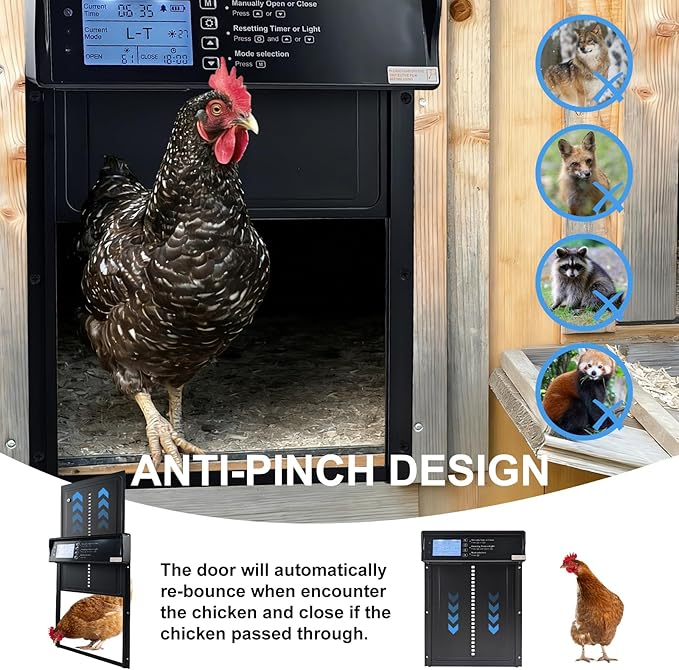 Automatic Chicken Coop Door Opener Solar Powered, Large for Run Chicken | LED Screen, Timer, Light Sensor, Manual & Remote Control, Anti-Pinch, Aluminum Alloy, Abnormally Open Close Auto Alarm
