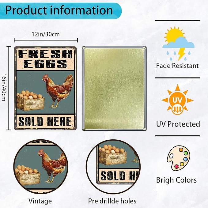 Rustic Farm Fresh Eggs Sold Here Tin Signs Vintage Country Chicken Hen Rooster Egg Metal Sign Funny Chicken Coop Metal Poster 12x16 Inch