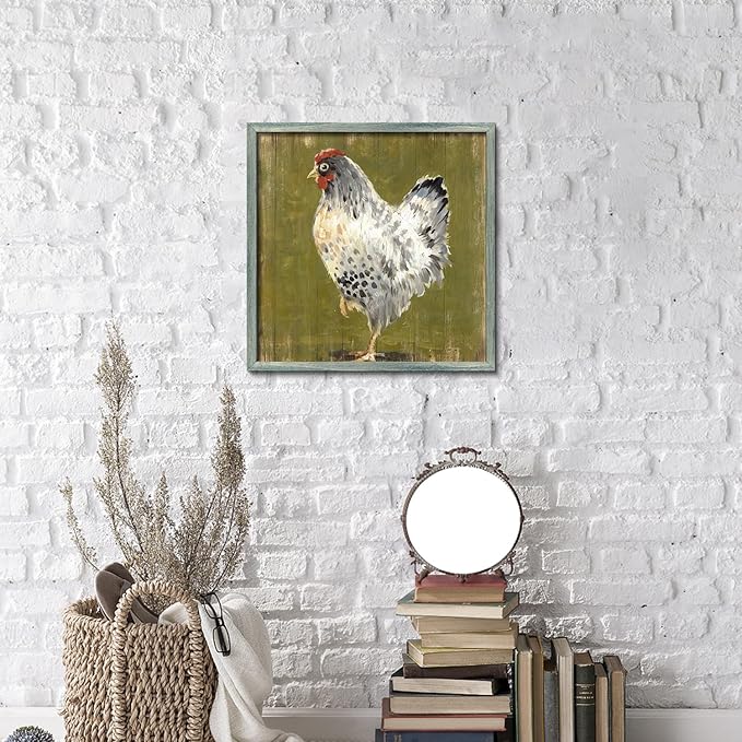 Farmhouse Wall Art Kitchen Picture: Farm Animal Wooden Framed Print Rustic Country Chicken Hen Artwork Painting Decor for Bedroom Bathroom Living Room 16 x 16 Inches