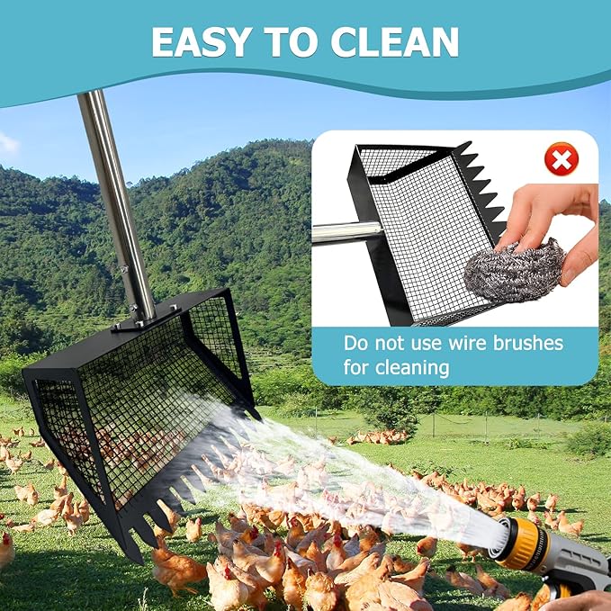 Funvalley Surperfect Chicken Poop Scooper & Rake 2-in-1,Long Handle Sifting Scoop for Coop Cleaning, Chicken Coop Cleaning Tool for Sand, Bedding & Poultry Habitat Supplies