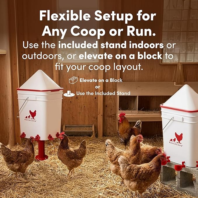 RentACoop 5 Gallon Chicken Waterer, BPA-Free Plastic Bucket Waterer Set with 4 Horizontal Nipples, Large Capacity Poultry Waterer - Corner Placement