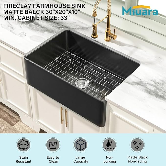 Miuara Black Farmhouse Sink 30 Inch - Apron Front Undermount Kitchen Sink 30"x20"x10", Farm House Style Deep Single Bowl, Heavy Duty Solid Fireclay, Matte Black, for Kitchen