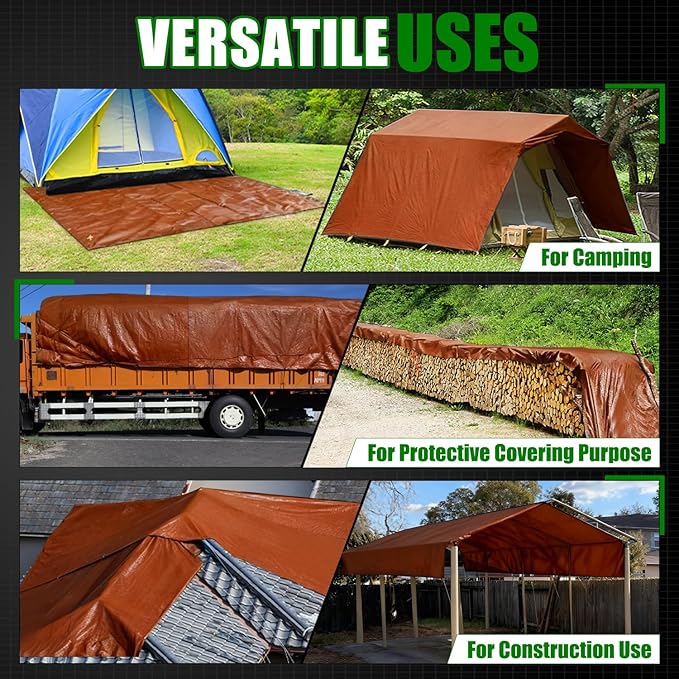 Sunvigor Tarp Waterproof 8x16Ft, Extra Thick 12 Mil Heavy Duty Tarp Cover, Tear & Fade Resistant, Outdoor Tarps with Brass Grommets and Reinforced Edges for Roof, Camping, Patio, Boat (Brown)