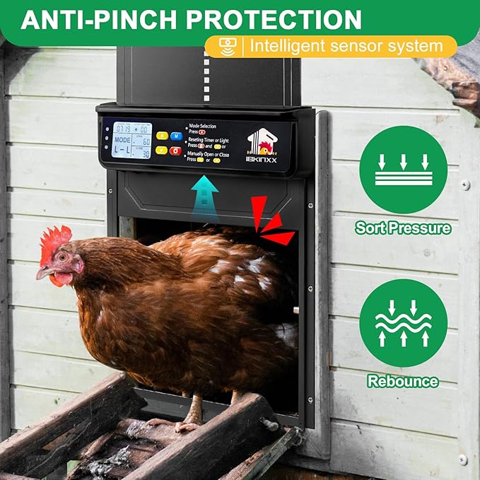 Automatic Chicken Coop Door Solar Powered with Timer, Light Sensor, Remote Control, LCD Display, Aluminum Alloy 4 Auto Modes Wide Chicken House Door, Anti-Pinch, Weatherproof, USB Backup, Black