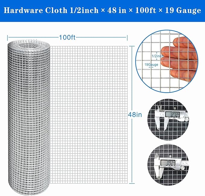 Hardware Cloth 1/2 Inch 48in x 100ft 19Gauge Hot-dip Galvanized Wire Mesh Roll Chicken Wire Fencing Rabbit Wire Gopher Wire Mesh for Underground Snake Fencing