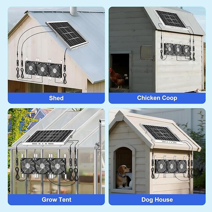 5.5" Solar Chicken Coop Fan 3 Kit, 30W Solar Powered Greenhouse Fan, Solar Exhaust & Intake Fans Outdoor Waterproof, 16.7 ft Cord, for Outside Shed Doghouse Ventilation Air Circulation Cooling