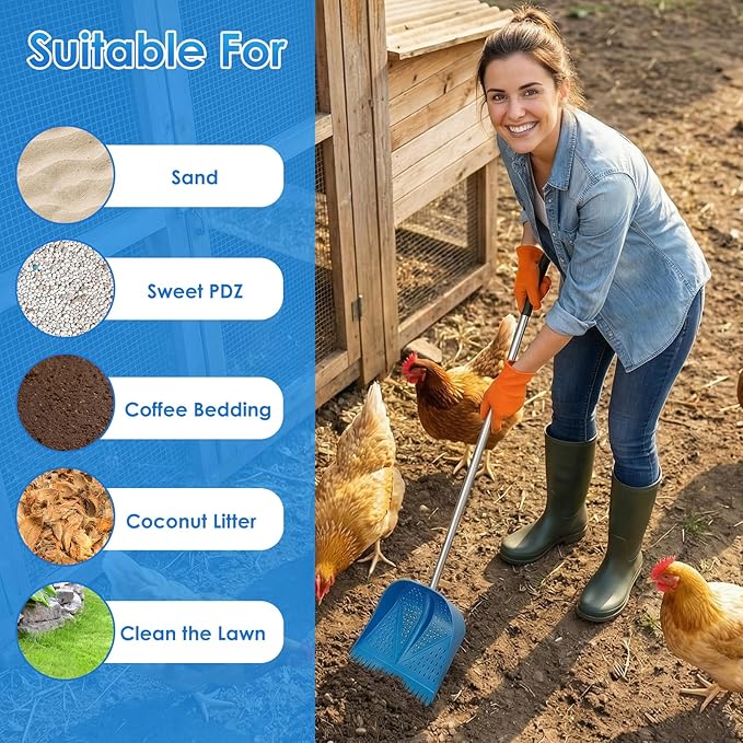 Chicken Poop Scooper & Rake 2-in-1, Adjustable Handle Length from 38" to 66", Features Manure Sifting Capability – Ideal for Chicken Coops and Farm Animal Cleaning (Blue)