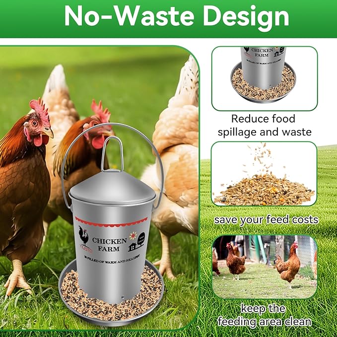 6.6 Lb Stainless Steel Poultry Feeder, Automatic Chicken Feeder No Waste, Hanging Chicken Feeder Heavy Duty Reliable Long-Lasting with Handle, Top Filled