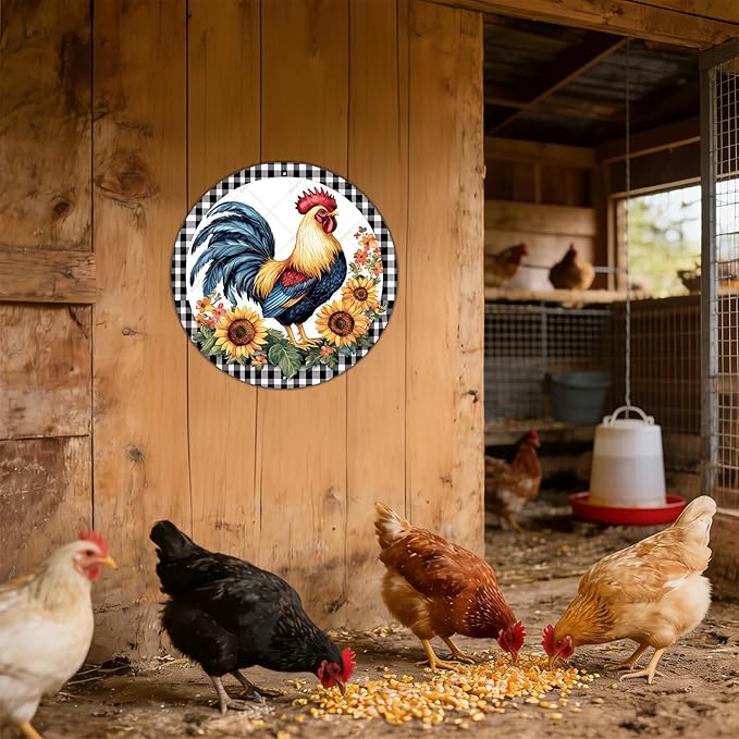 Round Metal Tin Sign Rustic Wall Decor Plaque Rooster Chicken Farm Animal Wreath Sign,Suitable for Home Garden Kitchen Bar Cafe Restaurant Garage Wall Decor Retro Vintage 8 Inch