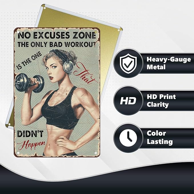 Vintage No Excuses Zone Metal Sign Retro Girl Lifting Dumbbells Fitness Tin Sign Nostalgic Art for Home Gym Personal Studio Wall Decor Living Room Garage Cafe Bar 12 * 8 In