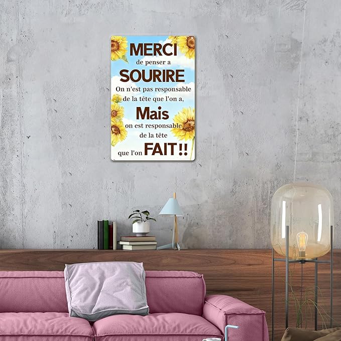Motivational Wall Decor Metal Tin Signs – Inspirational Wall Art with French Quote, Rustic Farmhouse Wall Decor for Kitchen, Bathroom, or Bedroom, Motivational Sunflower Tin Sign for Home or Rustic Decor, 8x12 Inch