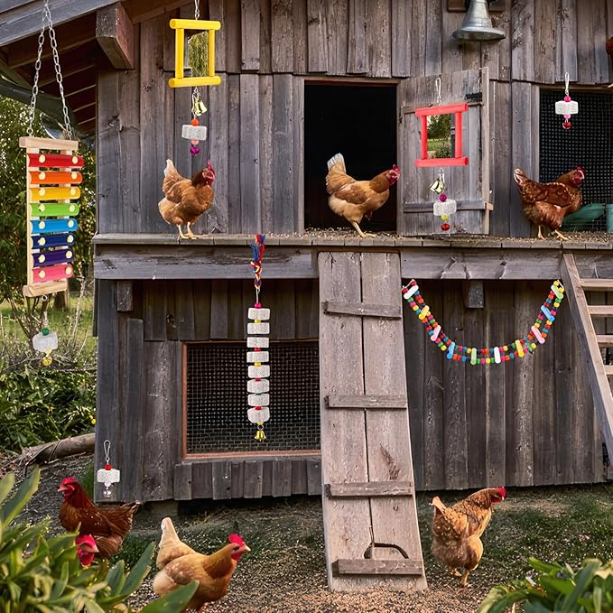 Ripeng 7 Pcs Chicken Toys for Coop Set Chicken Enrichment Toys Including Xylophone Mirror Large Chick Beak Grinding Calcium Stone Ladder with Bell Accessories for Coop Hens Parrots