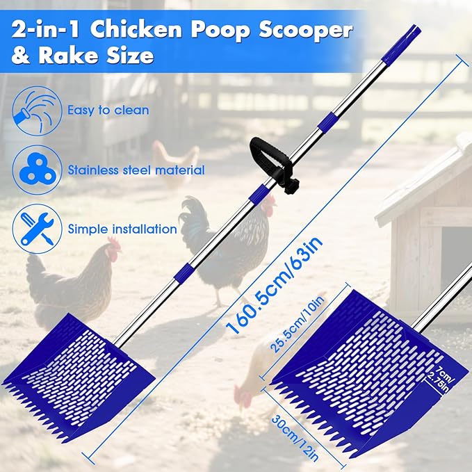 2-in-1 Chicken Poop Scooper & Rake, 12" Wide 63" Long Large Metal Chicken Coop Scooper for Sand with Ergonomic Grip, Heavy Duty Sifting Shovel Rake for Beach, Farm, Garden & Yard Waste (Blue)