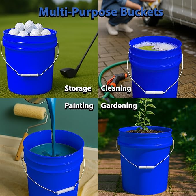5-Gallon Bucket with Airtight Lid – Made in USA, Food Grade BPA Free Plastic, Heavy Duty Multi-Use, Metal Handle with Grip, Stackable Storage – Blue, 3 Pack
