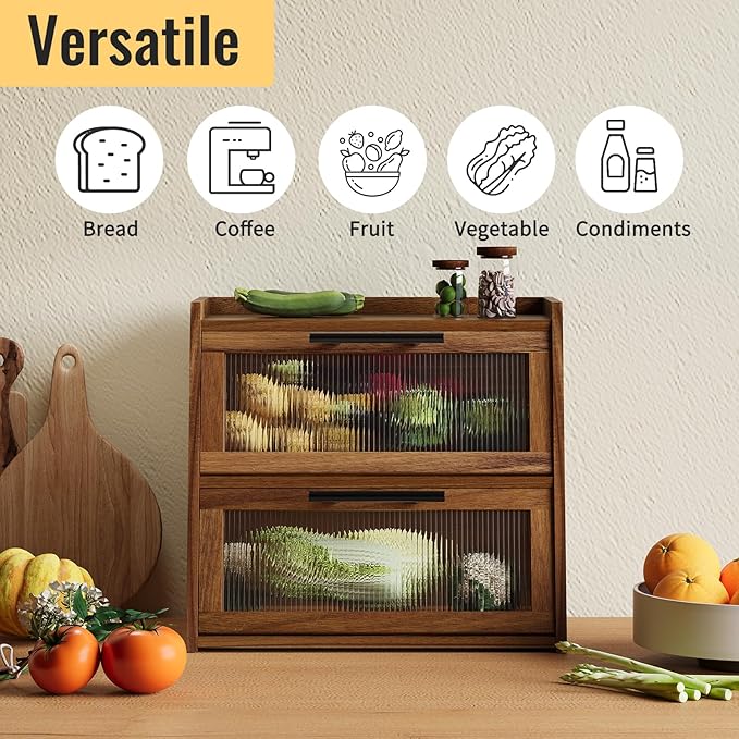 Bread Box for Kitchen Counter, Wooden Double Layer Bread Storage Container Bin,Bread Holde,Countertop Bread Storage with Window