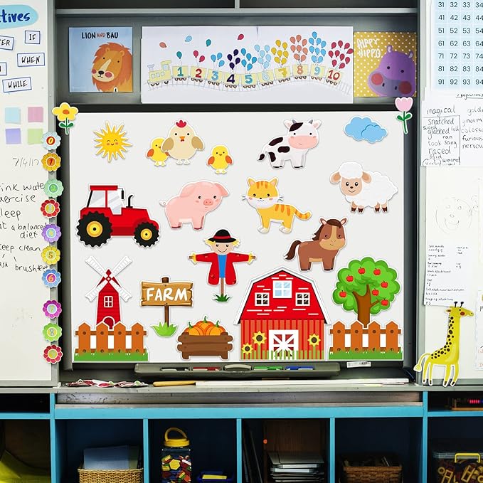 Whaline 40Pcs Farm Animals Cutouts Bulletin Board Decorations Cow Horse Chicken Pig Tractor Scarecrow Farm Theme Cut-Outs for Baby Shower Birthday Party Classroom Decor