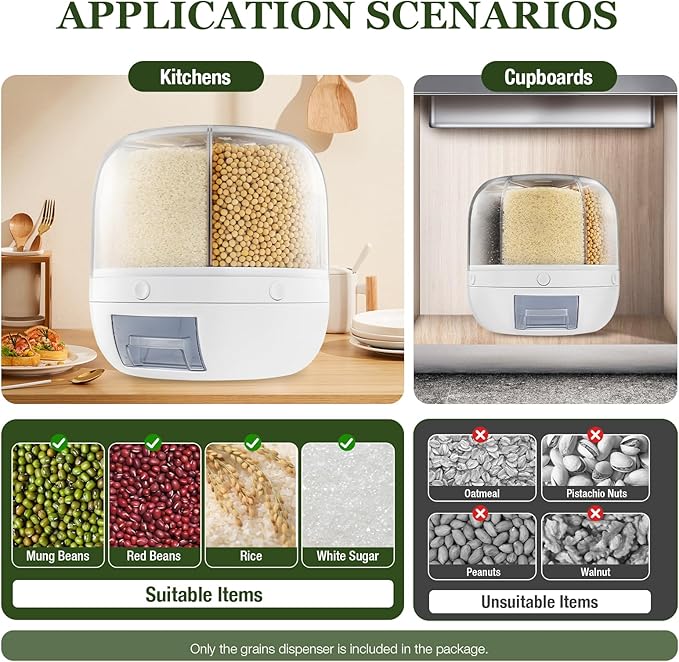 Rotating Grain Dry Food Dispenser Countertop - 6 Grids Cereal Tank Dispenser for Lentils, Rice, Beans - Kitchen Pantry Storage Container- Max 10kg/22 lbs Capacity - White