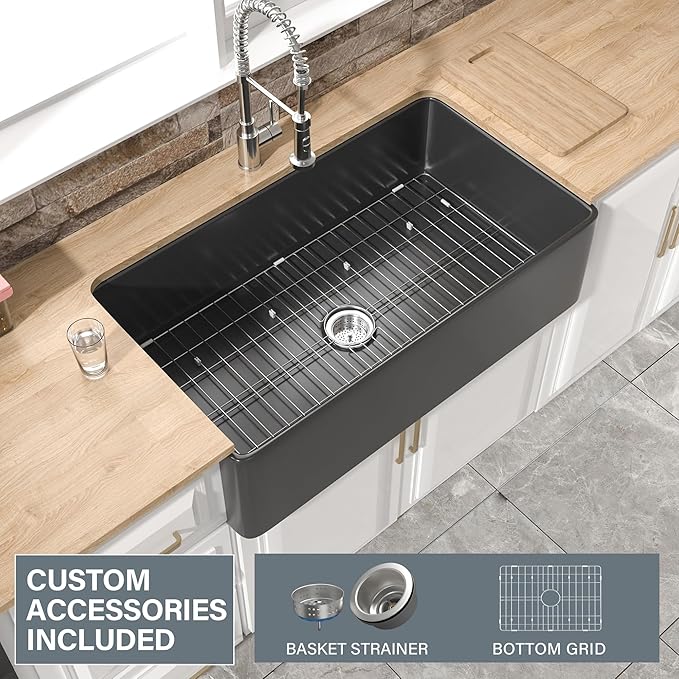 Extra Large Black Farmhouse Sink 36 x 20 Inch, MIN. Base Cabinet Size: 24"Dx39"W, Firecaly Apron Front Undermount Farm Sink Deep Single Bowl for Kitchen, w Accessories 2 Types