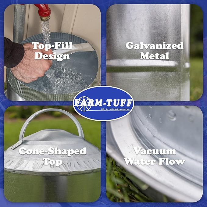 FARM-TUFF Galvanized Poultry Waterer, 5 Gallon Capacity - Double-Wall Poultry Fountain with Cone Top - Automatic Gravity-Fed Water Dispenser for Chickens, Ducks & Game Birds