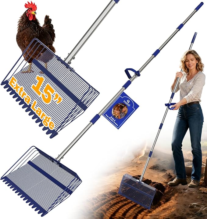 15” Extra Large 2-in-1 Chicken Poop Scooper & Rake with Ergonomic Grip, Metal Goat Chicken Coop Pooper Scooper for Sand with Adjust 38”-77” Stainless Steel Handle, Wide Sifting Shovel Cleaning Tools
