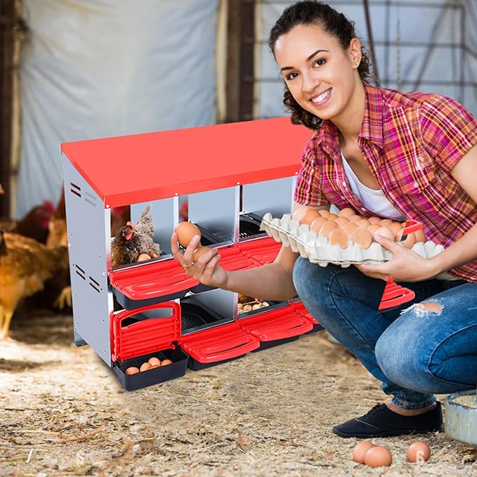 Chicken Nesting Box, 8/10 Compartment Nesting Box, Metal Roll Away Nest Box with Removable Tray & Lid Cover for Chickens Laying Egg to Protect Eggs, 10-Compartment Without Leg (Red)