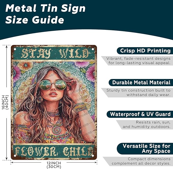 HARIKUIYIN Rustic Retro Metal Tin Sign Stay Wild Flower Child Girl Flowers Wall Art Metal Poster Home Wall Decoration Bar Office Kitchen Home Bedroom Courtyard Decoration Sign 16x12 Inch
