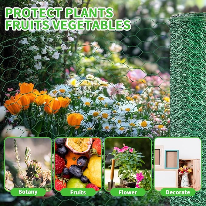 16 x 600 Inches Chicken Wire for Floral Arrangements, Green Chicken Wire, Hexagonal Galvanized Wire Mesh for Poultry Barrier, Flower Arrangement, Crafts and Garden