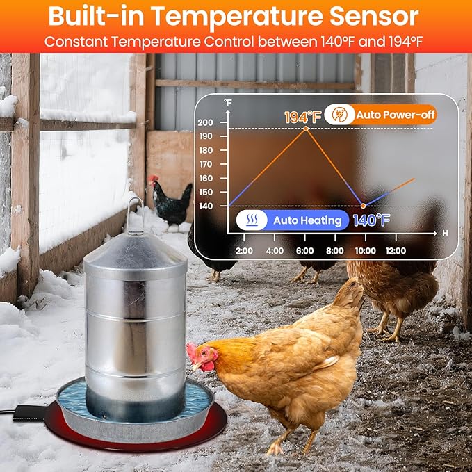 Chicken Water Heater for Winter, 6'' Heated Waterer Base for Metal/Plastic Poultry Waterer, 2-Temperature Settings, Built-in Thermostat (140°F - 194°F), Silicone Coop Heater with 6ft Power Cord (1PC)