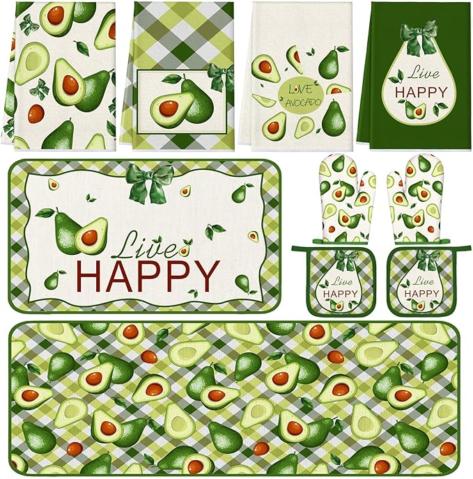 10 Pcs Avocado Farmhouse Kitchen Decor Set Dish Towels Kitchen Rugs Oven Mitts and Pot Holders Set for Cooking Baking Grilling Women Mom Daughter Gift(Green)