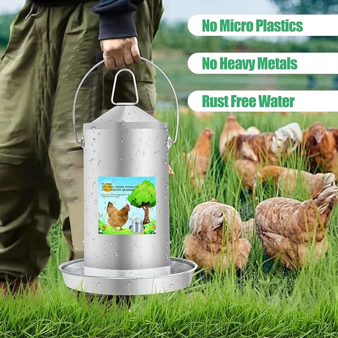 Automatic Chicken Waterer 4L/1.0Gal, 304 Food Grade Stainless Steel Heavy Duty Poultry Waterer with Handle, High Strength Structure 0.035 Inch Metal Thickness, No Assemble (Sliver, 4L/1.0Gal)