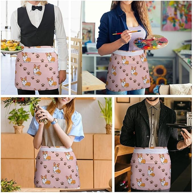 Server Apron with 3 Pockets Waist Waiter Waitress Half Apron Short Aprons