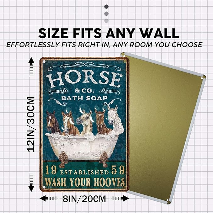 Vintage Horse Tin Sign Bathroom and Bathtub Retro Bath Soap Wash Your Hooves Metal Sign Funny Nostalgic Wall Decor Decorations for Home Farmhouse Farm Room Cafe Shop Toilet Bar 12 * 8In