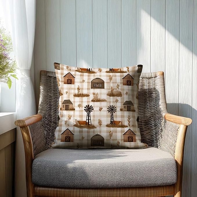 Barn Gingham Farmhouse Throw Pillow Covers 18x18 Inch, Set of 2 | Country Rustic Square Cushion Cases for Couch Sofa Living Room | Neutral Beige Home Decor, Decorative Pillowcases