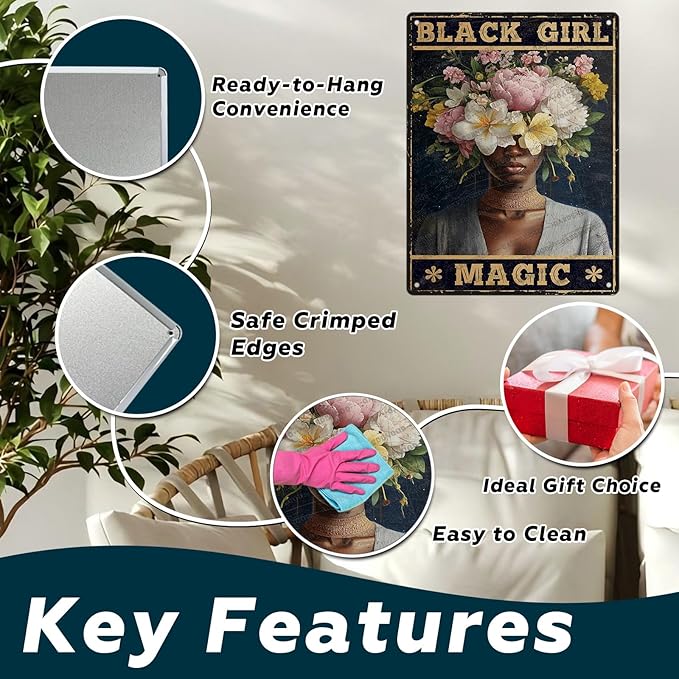 HARIKUIYIN Rutro Metal Tin Sign African American Novelty Plaque Poster Black Girl Magic Metal Poster Office Rustic Home Kitchen Bathroom Cafe Aluminium Sign Wall Decor 16x12 Inch