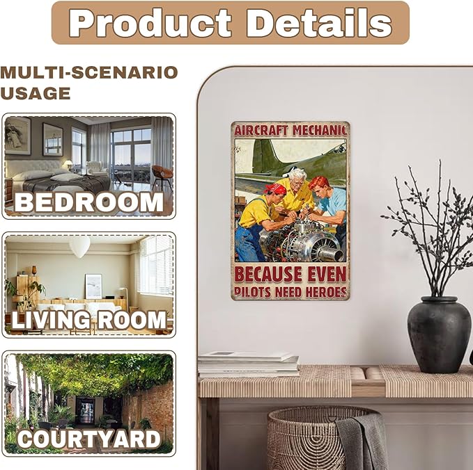 Vintage Aircraft Mechanic Tin Sign ‘Because Even Pilots Need Heroes’ Rustic Metal Wall Art–8x12 Inch Decor For Home,Garage,Bar,Bedroom,Or Man Cave