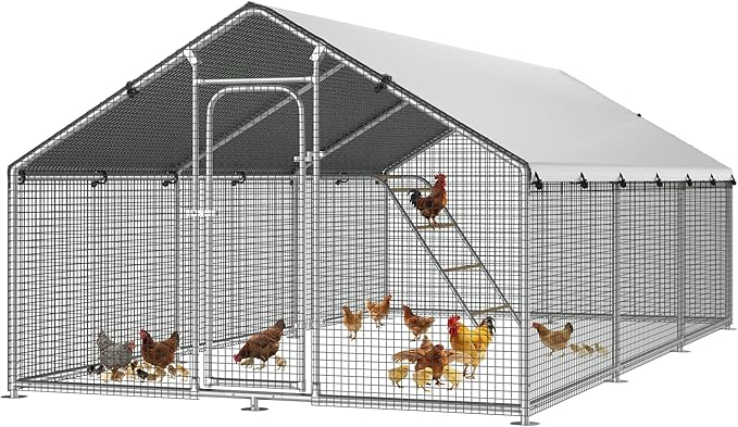 Large Metal Chicken Coop Run with Roosting Perch, Outdoor Poultry Cage with Waterproof & UV-Resistant Cover for Chickens, Ducks, Rabbits in Yard or Farm Use, Spire Roof(8.9'W x17.7'L x 6.6'H)