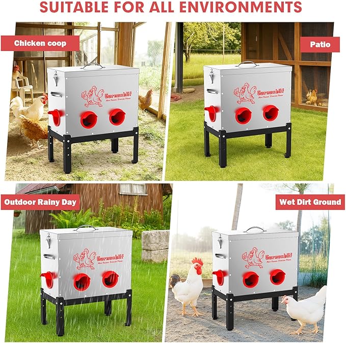 40 LB Large Automatic Chicken Feeder, 6 Port Metal Chicken Feeders, No-Waste Poultry Feeder with Adjustable Legs & Locking Lid, Weatherproof Large Chicken Feeder for Inside Chicken Coops
