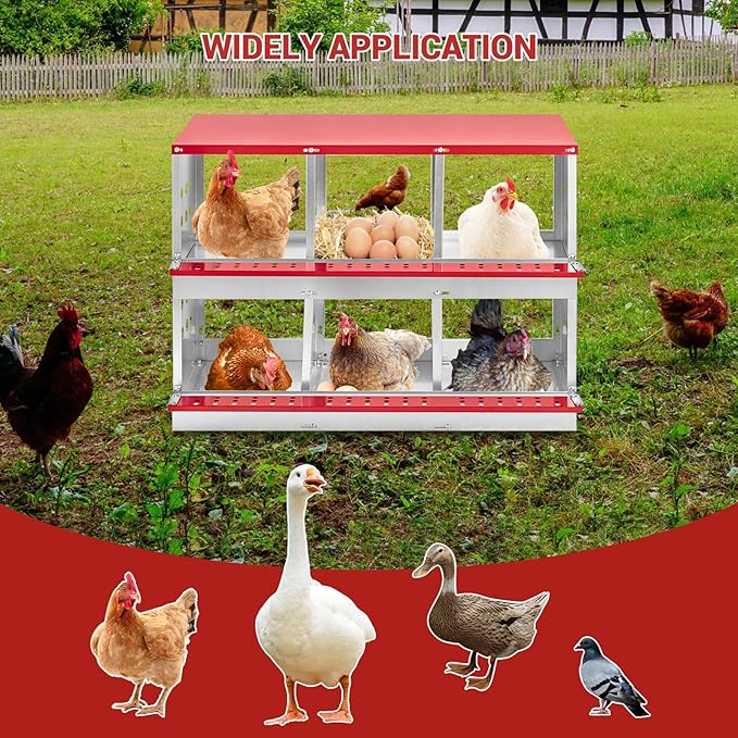 Heavy Duty Metal Chicken Nesting Box – 6 Compartments, Roll-Away Egg Tray, Vented Design, Pull-Out Cleaning Tray, Swing Perch, Wall Mount, Without Cover-Red, 96×48×71cm