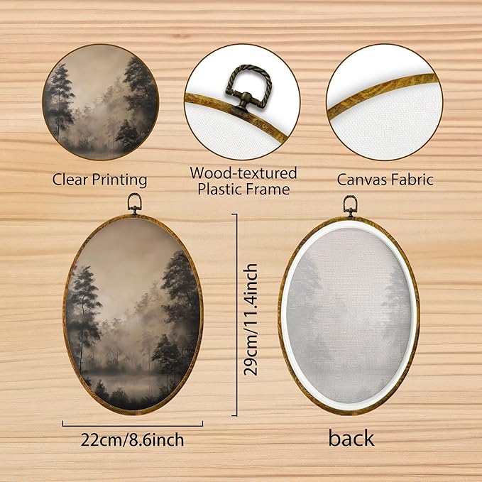 Hiuwevt Vintage Rustic Landscape Oval Wall Art Decor, Moody Farmhouse Framed Canvas Prints, Antique Neutral Landscape Oval Wall Hanging Decor for Bedroom Living Room Decorations, 8.6x11.4 Inches
