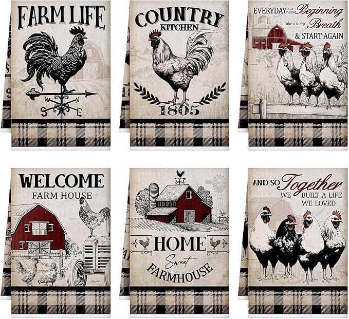 Bencailor 6 Pcs Farmhouse Kitchen Towels Chicken Rooster Kitchen Decor Farm Animal Hand Towels for Cooking Baking Housewarming Gift,15.75 x 23.62 inch(Retro Gray,Barn Farm)