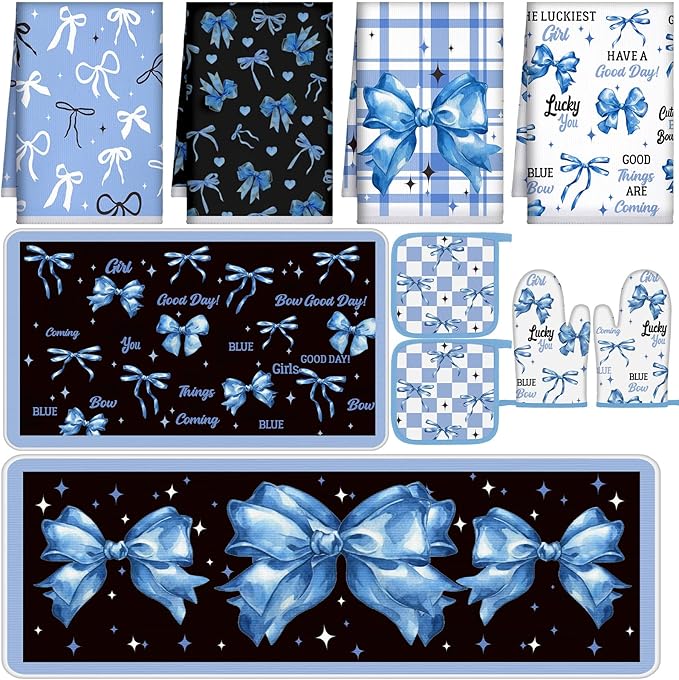 10 Pcs Blue Bow Kitchen Decor Set Dish Towels Kitchen Rugs Oven Mitts and Pot Holders for Cooking Baking Grilling Women Mom Gift