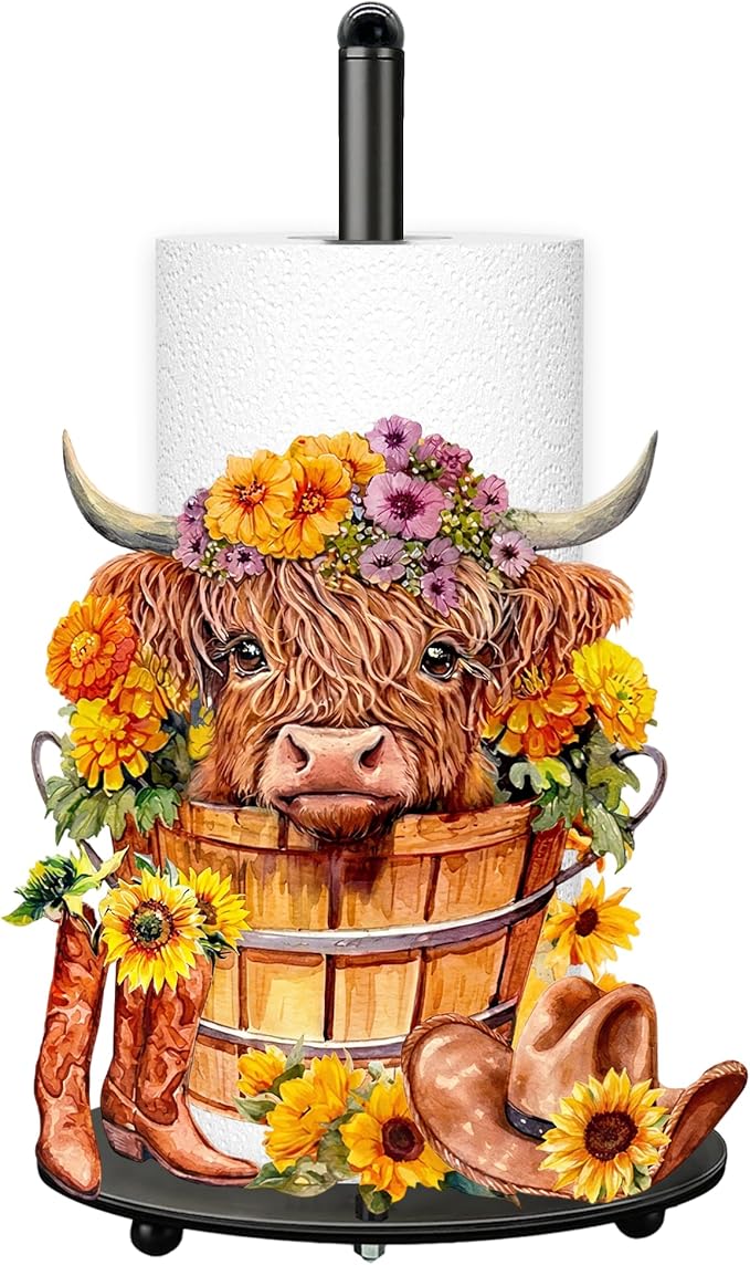 Highland Cow Paper Towel Holder, Highland Cow Decor for Countertop Cute Farmhouse Sunflower Decor for Home Table, Housewarming Birthday Gifts for Farm