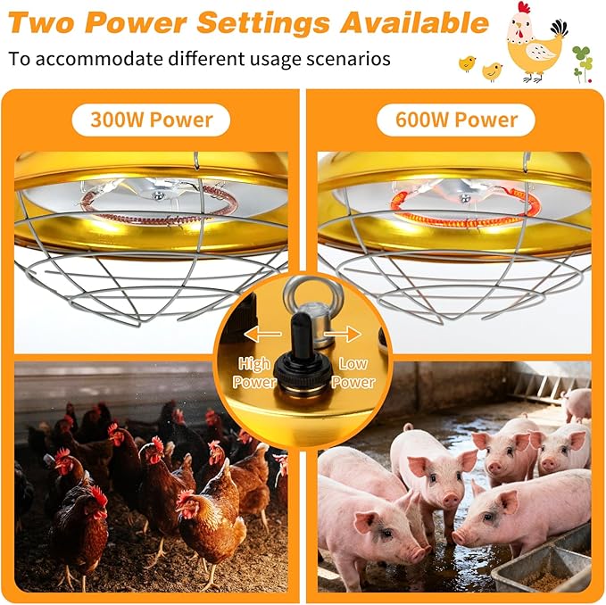 600W Chicken Coop Heaters Lamp, Waterproof Heat Lamp for Chickens with 2-Stage, Brooder Heater for Chicks with Chain for Indoor & Outdoor Use Heating Lamps for Chicken Livestock Dog Sheep Pet